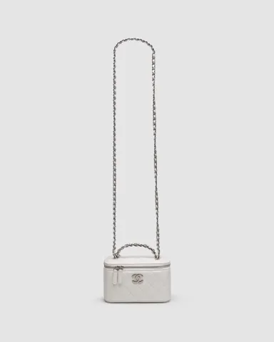 Chanel Classic White Lambskin Pearl Crush Vanity Bag Silver
